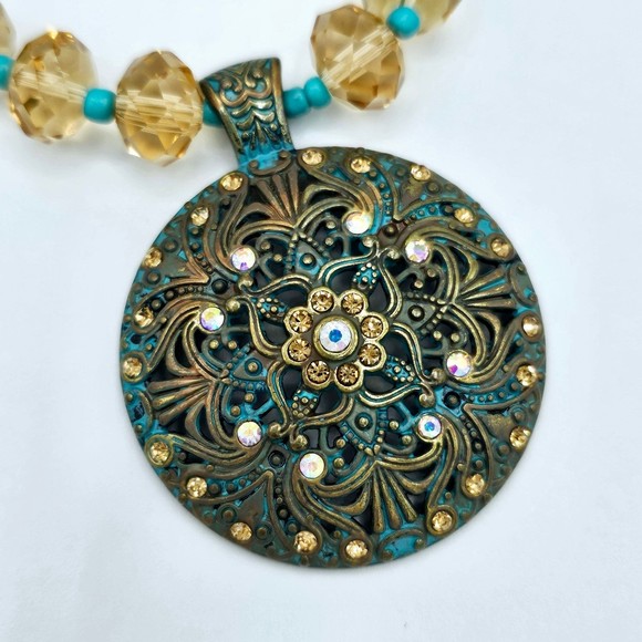 Bronze Statement Necklace Medallion Turquoise Champagne AB Bead Rhinestone - Picture 2 of 11